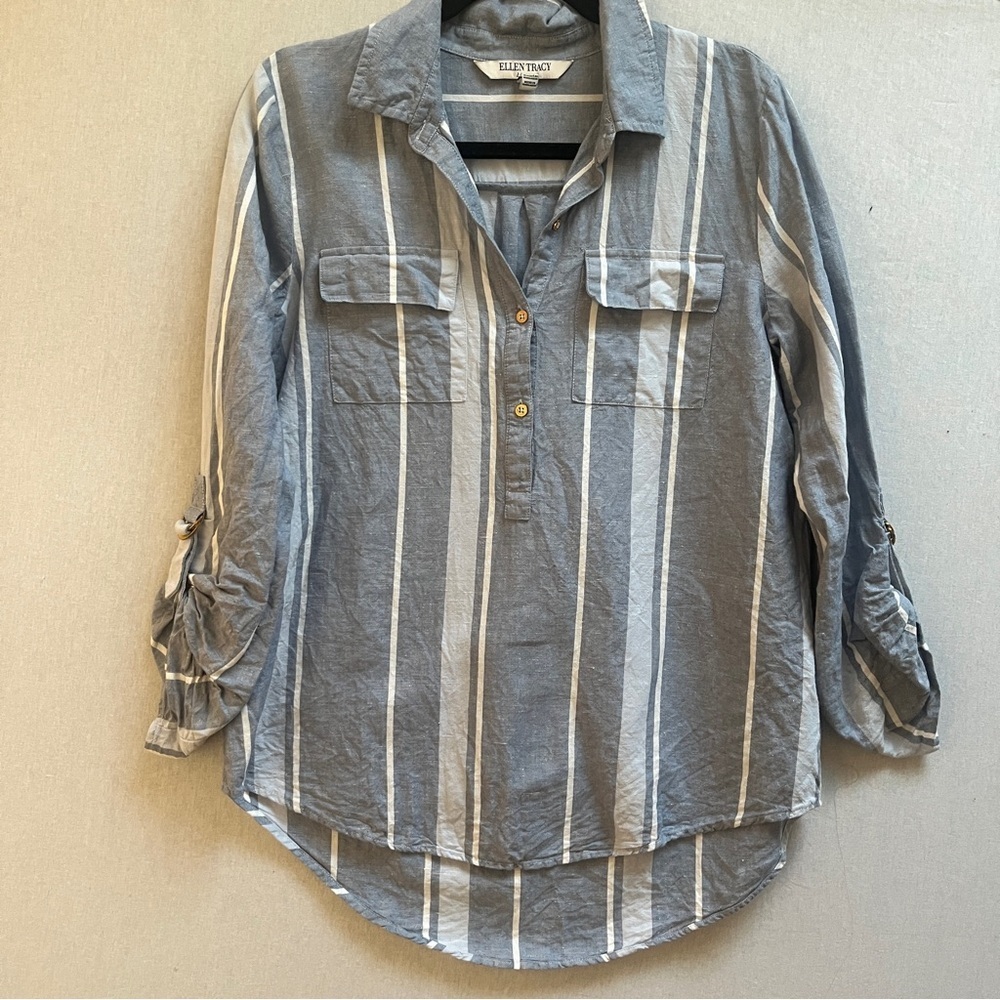 Ellen Tracy Blue Striped Linen Blend Roll Tab Sleeve Tunic Top Size Medium